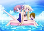  bikini blonde_hair blue_eyes blush brown_hair closed_eyes cloud day fate_testarossa long_hair lyrical_nanoha mahou_shoujo_lyrical_nanoha mahou_shoujo_lyrical_nanoha_a's multiple_girls navel one-piece_swimsuit ootaka_narumi open_mouth outdoors partially_submerged red_eyes school_swimsuit short_hair short_twintails sky smile swimsuit takamachi_nanoha translated twintails water yagami_hayate 