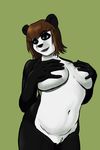  big_breasts black_lips blue_eyes breasts brown_hair covering covering_self female green_background hair mammal nude panda plain_background pubes sixcolors solo 