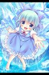  :d barefoot blue_eyes blue_hair blush cirno ice irori letterboxed open_mouth outstretched_arm outstretched_hand short_hair sitting smile soaking_feet solo touhou water 