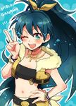  bad_id bad_pixiv_id beyond_the_vibes black_hair blue_eyes bracelet character_name ganaha_hibiki hand_on_hip idolmaster idolmaster_(classic) jewelry long_hair necklace one_eye_closed ponytail popoin ribbon smile solo star v 