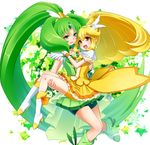  :3 :d bad_id bad_pixiv_id bike_shorts blonde_hair boots carrying choker cure_march cure_peace green_choker green_eyes green_hair green_shorts green_skirt hair_flaps kise_yayoi long_hair magical_girl midorikawa_nao multiple_girls open_mouth ponytail precure princess_carry shorts shorts_under_skirt skirt smile smile_precure! star tiara very_long_hair yellow_eyes yellow_shorts yellow_skirt yuu_(derodero) 