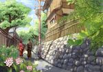  1girl batako brown_hair building bush couple dappled_sunlight fence flower from_behind hetero holding_hands house japanese_clothes kimono leaf original path power_lines retaining_wall road scenery shadow sunlight telephone_pole transformer tree tree_shade vanishing_point walking window 