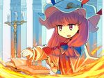  book bow candle capelet crescent hair_bow hat juraki_hakuaki long_hair long_sleeves open_mouth patchouli_knowledge pillar purple_eyes purple_hair solo touhou 