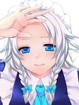  bad_id bad_pixiv_id blush braid closed_mouth face forehead highres izayoi_sakuya maid_headdress ribbon short_hair silver_hair simple_background smile solo touhou twin_braids upper_body white_background yutazou 