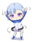  :&lt; arms_up bangs belt blue_footwear blue_hair blunt_bangs blush boots chibi closed_mouth fin_e_ld_si_laffinty flat_chest flower frown full_body hair_flower hair_ornament hoop hula_hoop knee_boots leotard long_sleeves looking_at_viewer loose_belt motion_lines purple_eyes rinne_no_lagrange shadow shikuta_maru short_hair sidelocks simple_background solo standing thighhighs turtleneck v-shaped_eyebrows white_background white_legwear 