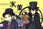  2girls black_hair brown_hair cane cape chitanda_eru cosplay detective fukube_satoshi hat highres holding holding_pipe hyouka ibara_mayaka kimi_ni_matsuwaru_mystery kuena looking_at_viewer monocle multiple_boys multiple_girls oreki_houtarou pantyhose pipe short_hair thighhighs top_hat 