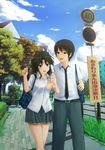  1girl amagami bag black_hair cloud day food green_eyes highres necktie oruna popsicle road_sign school_bag school_uniform sidewalk sign sky tachibana_jun'ichi tanamachi_kaoru tree 