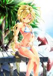  ahoge bad_id bad_pixiv_id bench bikini blazblue blonde_hair braid breasts chatsubo_(yaba-yaba) dead_spike highres huge_ahoge innertube knees_together_feet_apart lambda-11 long_hair medium_breasts palm_tree red_eyes shiny shiny_skin side-tie_bikini sideboob single_braid sitting solo striped striped_bikini sunlight swimsuit thighs tree untying very_long_hair 