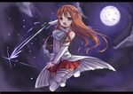  amemiya_ruki asuna_(sao) bare_shoulders breastplate brown_eyes brown_hair detached_sleeves full_moon highres holding letterboxed long_hair moon open_mouth skirt solo sword sword_art_online thighhighs weapon white_legwear 