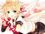  bad_id bad_pixiv_id blonde_hair blue_eyes crossdressing earrings feathered_wings hair_ribbon highres jewelry kagamine_len leeannpippisum male_focus microphone open_mouth otoko_no_ko otoko_no_ko_memorable_(vocaloid) ribbon skirt vocaloid wings 