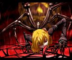  black_sclera blonde_hair breasts claws extra_eyes fangs insect_girl kurodani_yamame kurodani_yamame_(spider) letterboxed long_sleeves long_tongue medium_breasts mismatched_sclera monster_girl multiple_legs open_mouth pointy_ears red_eyes short_hair silk smile solo spider_girl spider_web tongue tongue_out touhou yuuki_(yukigeshou_hyouka) 
