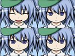  blue_eyes blue_hair closed_eyes expressions frown hat kawashiro_nitori looking_at_viewer naginami open_mouth smile tears touhou two_side_up 