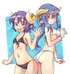  ass bikini black_bikini blue_hair blush_stickers bow demon_horns front-tie_top glasses hair_between_eyes hair_bow horns ibarahime_shizuka long_hair looking_at_viewer looking_back multiple_girls navel open_mouth pointy_ears pori_(poritan81) purple_eyes purple_hair red_eyes ryuuguuji_shigure shinrabanshou short_hair sidelocks smile swimsuit waving white_bikini 