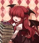  argyle argyle_background bat_wings blush book fang flying_sweatdrops hair_over_eyes head_wings koakuma long_hair miruki open_mouth pointy_ears solo touhou wings 