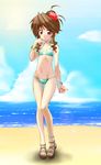  beach bikini blush bracelet brown_eyes brown_hair flat_chest flower hair_bun hair_flower hair_ornament hiiragiyukino idolmaster idolmaster_cinderella_girls jewelry lens_flare long_hair open_toe_shoes sandals shoes smile swimsuit takamori_aiko thigh_gap 