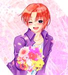  black_eyes blue_eyes blush bouquet fate/zero fate_(series) flower imikuy male_focus one_eye_closed open_mouth orange_hair red_hair smile solo uryuu_ryuunosuke 