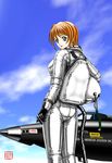  60s aircraft airplane bad_id bad_pixiv_id cloud day from_behind geitassha genderswap genderswap_(mtf) gloves helmet highres nasa neil_armstrong oldschool orange_hair original pilot_suit real_life solo space_craft spacesuit x-15 