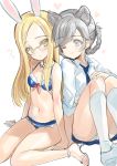  2girls ? animal_ears back-to-back bikini blonde_hair blue_bikini blue_eyes blue_neckwear blue_skirt blue_swimsuit braid detached_collar elin_(tera) emily_(pure_dream) flat_chest forehead glasses grey_hair heart high_heels highres kneehighs legs long_hair multiple_girls navel necktie one_eye_closed panties panty_peek pantyshot pantyshot_(sitting) shirt shoes sitting sketch skirt smile swimsuit tera_online toes twin_braids twintails underwear white_legwear white_panties white_shirt yellow_eyes 