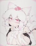  animal_ears blush bone breasts bridal_gauntlets grey_hair hat inubashiri_momiji large_breasts nippleless_clothes nipples okiraku_nikku red_eyes sexually_suggestive shikishi solo tail tokin_hat touhou traditional_media wolf_ears wolf_tail 