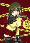  alternate_costume boots bracelet breasts brown_eyes brown_hair casual caution_tape collar english fingerless_gloves gloves hair_ornament jewelry kami_nomi_zo_shiru_sekai large_breasts long_hair nagase_jun open_mouth plaid plaid_skirt pointing side_ponytail skirt solo thigh_boots thighhighs trefle_r 