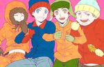  beanie bird brown_hair chicken closed_eyes coat eating eric_cartman gloves green_eyes happy hat ichiko365 jacket kenny_mccormick kyle_broflovski multiple_boys open_mouth orange_hair pink_background smile south_park stan_marsh star winter_clothes 