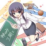  bare_legs basketball black_hair blue_eyes chair chalkboard desk heart kamekichi_(kamekiti) kami_nomi_zo_shiru_sekai long_hair miniskirt nagase_jun pencil_skirt pointer school_desk scrunchie side_ponytail skirt smile solo teacher 