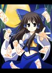  alternate_color alternate_costume ascot bamboo black_hair bow brown_eyes brown_hair detached_hair detached_sleeves full_moon grey_eyes hair_bow hair_tubes hakurei_reimu japanese_clothes long_hair miko mochizuki_ado moon night ofuda player_2 skirt solo touhou wide_sleeves 