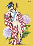  agahari animal_ears black_hair checkered dated dipsacaceae dog_ears extra_ears fan floral_background flower full_body geta heterochromia japanese_clothes katana kimono long_hair red_eyes sakamoto_mio sandals simple_background sitting strike_witches swimsuit sword weapon world_witches_series yellow_background yellow_eyes 