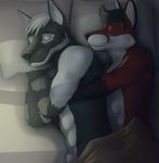  anthro bed biceps blanket canine couple cuddling duo eyes_closed fox fur gay male mammal muscles nude pecs pillow sheath sleeping topless unknown_artist virtyalfobo wolf 