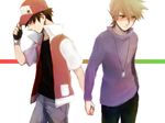  bad_id bad_pixiv_id bangs baseball_cap black_hair blush brown_hair embarrassed fingerless_gloves gloves hat holding holding_hands ichiko365 jewelry multiple_boys necklace ookido_green pixiv_red pokemon pokemon_(game) pokemon_rgby red_(pokemon) red_(pokemon_rgby) short_hair shy 