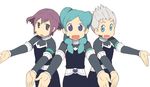  2boys alpha_(inazuma_eleven) aqua_hair arawi_keiichi_(style) bad_id bad_pixiv_id beta_(inazuma_eleven) blue_eyes gamma_(inazuma_eleven) hyadain_no_kakakata_kataomoi_-_c inazuma_eleven_(series) inazuma_eleven_go inazuma_eleven_go_chrono_stone long_hair mio_(jian_wei) multiple_boys nichijou no_pupils open_mouth parody protocol_omega purple_eyes purple_hair short_hair simple_background spiked_hair style_parody white_background white_hair 