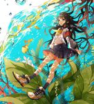  air_bubble armband bangs black_eyes black_hair breath bubble bubble_blowing coral fish flower guru_(nicocco) leaf long_hair open_mouth original pleated_skirt school_uniform serafuku shoes skirt sneakers solo underwater very_long_hair 