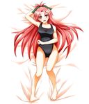  barefoot bow competition_swimsuit fang from_above hair_bow highres long_hair lying mahou_shoujo_madoka_magica nanatsuki_(arca-nize) one-piece_swimsuit open_mouth red_eyes red_hair sakura_kyouko solo swimsuit 