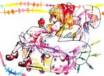  apple bad_id bad_pixiv_id blonde_hair colorized flandre_scarlet food fruit red_eyes ritz_(h322) sitting solo touhou wings 