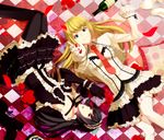  1girl alcohol bad_id bad_pixiv_id black_hair blonde_hair blue_eyes boots checkered elbow_gloves flower gloves gothic_lolita highres lolita_fashion long_hair lying marie_(moyashimon) moyashimon naako_(nariiabc) necktie on_back on_side otoko_no_ko pillow reaching rose shoes skirt thighhighs wine yuuki_kei 