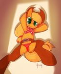  anthrofied applejack_(mlp) belt chaps clothed clothing doxy equine female friendship_is_magic green_eyes horse looking_at_viewer lying mammal my_little_pony on_back panties pony raised_arm solo spread_legs spreading underwear 