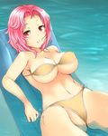  1girl bikini breasts cleavage ginji74 large_breasts long_hair lying navel on_back original partially_submerged pink_eyes pink_hair solo swimsuit water wink 