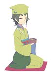  black_hair braid cup green_tea hat looking_at_viewer mole mole_under_eye nagisa_kurousagi red_eyes seiza sen_no_rikyuu_(sengoku_collection) sengoku_collection sitting smile solo tea white_background 