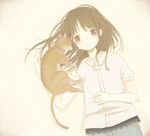  bad_id bad_pixiv_id blouse brown brown_eyes brown_hair cat flat_chest hinao_(flowerrabbit2348) lace long_hair lying monochrome on_back original sepia short_sleeves simple_background sleeping solo tears 
