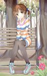  bench black_legwear brown_eyes brown_hair casual dress flower highres idolmaster idolmaster_cinderella_girls jewelry looking_at_viewer necklace park short_twintails sitting smile snowflyer solo sweater sweater_dress thighhighs totoki_airi twintails 