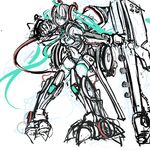  adapted_costume aqua_hair arm_cannon detached_sleeves hair_ornament hatsune_miku highres huge_weapon long_hair mecha_musume necktie panties_(pantsu-pirate) solo spot_color thighhighs twintails very_long_hair vocaloid weapon white_legwear 