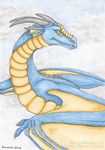 ambiguous_gender banrai blue blue_scales cloud clouds dragon earfins eyes frills horn invalid_color scales scalie solo spines wings wyvern yellow_membrane 