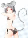  animal_ears ass bikini blush ebi_senbei grey_hair looking_at_viewer looking_back mouse_ears mouse_tail nazrin red_eyes short_hair short_ponytail side-tie_bikini silver_hair simple_background solo swimsuit tail touhou white_background 