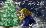  4rcher arms_behind_back blazblue blonde_hair character_name christmas_tree coat green_eyes happy_birthday long_hair merry_christmas mittens noel_vermillion scarf snow snowing winter_clothes winter_coat 