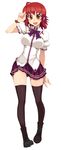  black_legwear boots bracelet breasts brown_eyes curvy fang highres jewelry kusanagi_tonbo large_breasts legs open_mouth original red_hair revision school_uniform simple_background skirt smile solo thighhighs zettai_ryouiki 