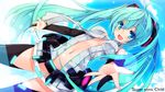  :d ahoge aqua_eyes aqua_hair bridal_gauntlets center_opening chiri_(atlanta) elbow_gloves fingerless_gloves gloves hatsune_miku hatsune_miku_(append) highres long_hair looking_at_viewer nail_polish navel necktie open_mouth outstretched_hand smile solo thighhighs twintails very_long_hair vocaloid vocaloid_append 