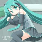  39 2007 aqua_eyes aqua_hair bare_shoulders black_legwear character_name dated detached_sleeves emurin hatsune_miku long_hair looking_at_viewer necktie skirt solo spring_onion thighhighs twintails very_long_hair vocaloid 