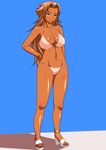  bikini blue_background blush breasts dark_skin donson hand_on_hip highres large_breasts long_hair original simple_background smile solo swimsuit very_long_hair 
