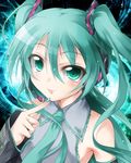  :p bare_shoulders detached_sleeves finger_to_chin fuyuno_taka green_eyes green_hair hatsune_miku headset long_hair looking_at_viewer nail_polish necktie solo tongue tongue_out twintails upper_body vocaloid 