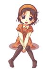  arm_support black_legwear blue_eyes blush brown_dress brown_hair dress hairband long_sleeves meitantei_conan open_mouth sensaki_chihiro short_hair sitting smile solo thighhighs yoshida_ayumi 